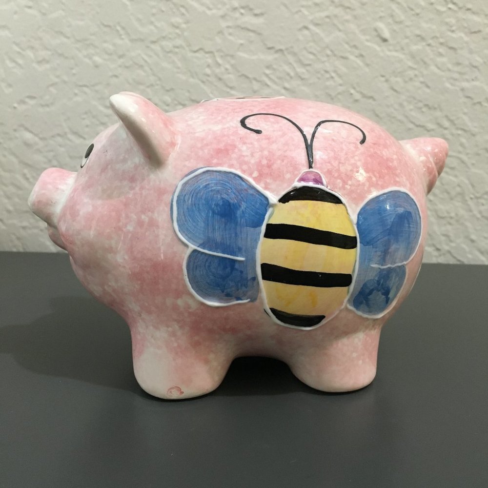 Pink Ceramic Piggy Bank With Butterfly Collectable